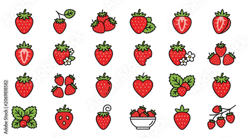 Strawberry icon collection featuring whole berries and slices