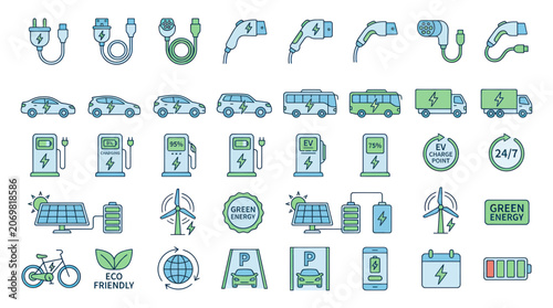 Sustainable electric vehicle charging and renewable energy icons set
