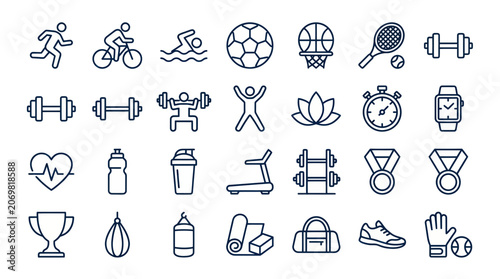 Sports and fitness line icons for gym workout and healthy lifestyle