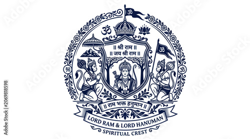 Spiritual crest featuring lord rama and hanuman with ornate borders