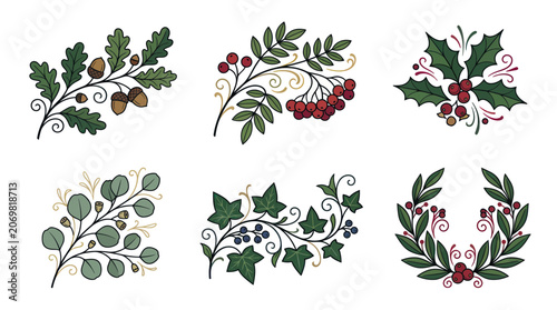 Autumn botanical branches with acorns berries and holly leaves