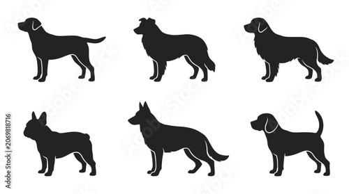 Collection of popular dog breed silhouettes standing in profile