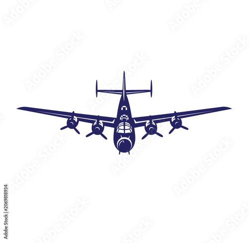 Front view silhouette of a classic multi engine military transport aircraft with aircraft airplane aviation transport military propeller transportation aerospace silhouette isolated airliner