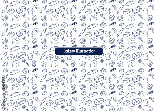 Seamless bakery. Blue line art. Illustration pattern with white background. Food packaging, menu illustration. Hand drawn print ads, food business, bakery shop