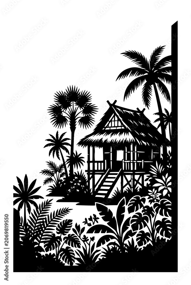 Obraz premium Tropical stilt hut silhouette with palm trees and jungle vegetation in black and white