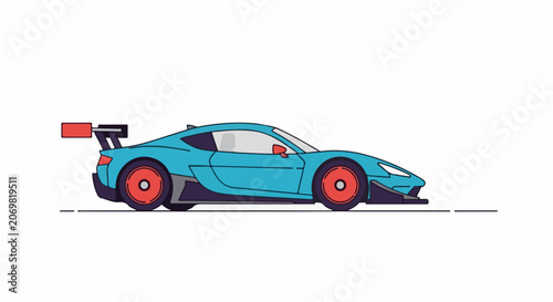 A sleek, blue sports car with red wheels and spoiler on a white background
