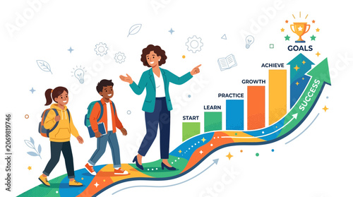 Teacher guiding students on educational growth journey illustration