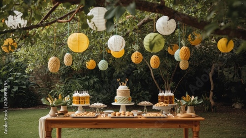Outdoor party dessert table, colorful paper lanterns, wedding or birthday celebration with cake and treats, garden background