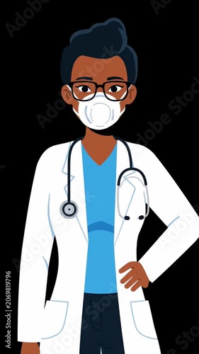 Female doctor in face mask wearing medical lab coat.