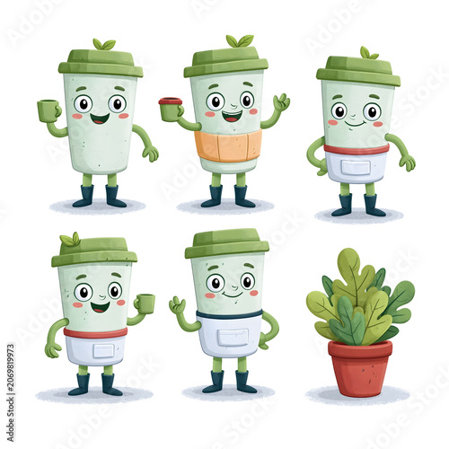 Delightful Animated Characters: Cheerful Green Cups and a Charming Potted Plant in a Colorful Illustration for Eco-Friendly Enthusiasts