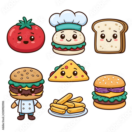 Delightful Cartoon Food Characters: A Vibrant Collection of Happy Burgers, Tacos, and Chef with Smiling Ingredients - Perfect for Food Lovers and Kawaii Aficionados!