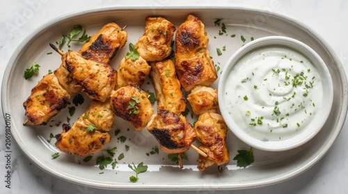 Grilled chicken skewers, white sauce, herbs, plate, meal, food, cuisine, appetizer, snack
