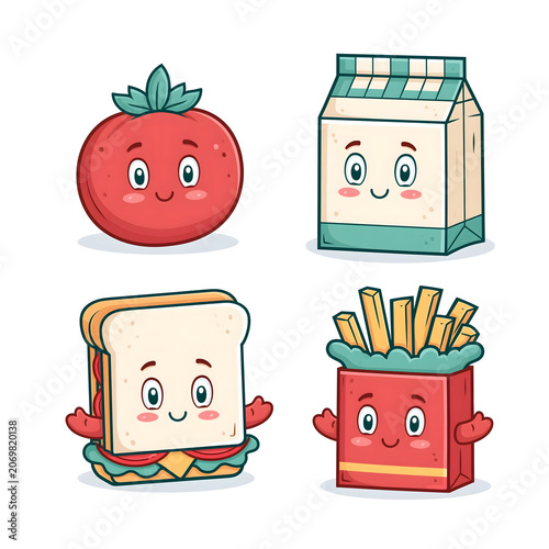Delightful Cartoon Food Characters: A Playful Tomato, Milk Carton, Sandwich and Fries for Fun and Whimsical Illustrations
