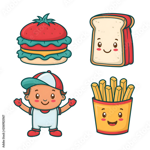 Delightful Cartoon Food Characters: A Fun and Whimsical Illustration Featuring a Happy Kid with Burger, Fries, and Sandwich for Kids' Meals and Fast Food Themes