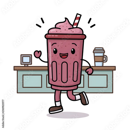 Delightful Cartoon Beverage: A Fun and Whimsical Smoothie Cup Smiling in a Cozy Café Environment for Your Refreshing Drink Experience