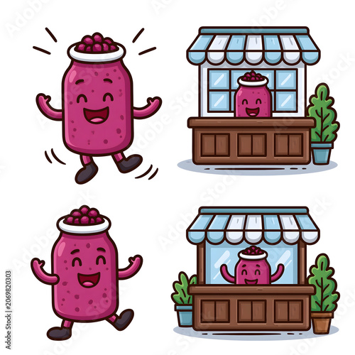 Delightful Cartoon Jam Jar Character at a Vibrant Market Stand, Bringing Joy with a Smile and Colorful Design Perfect for Food Enthusiasts and Creative Projects.