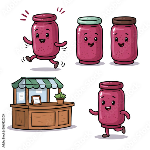 Delightful Cartoon Jars of Smoothie: A Whimsical Depiction Perfect for Food Lovers and Market Enthusiasts, Celebrate Freshness and Flavor in Every Sip!