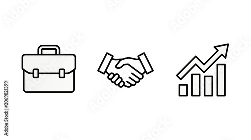 Business icons briefcase handshake and growth chart representing success and partnership in commerce PNG Isolated on transparent background