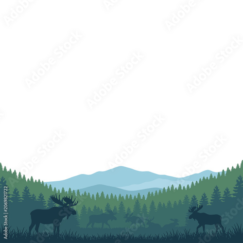 Canvas Print Moose Silhouette in Wild Forest Mountain Landscape Illustration Isolated on Tran