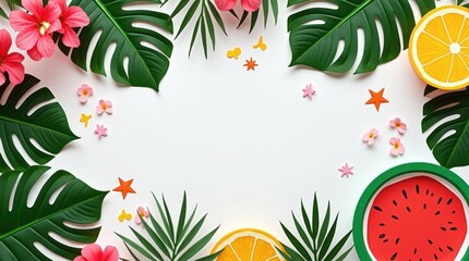 Tropical summer frame with exotic flowers palm leaves and fresh fruit slices design