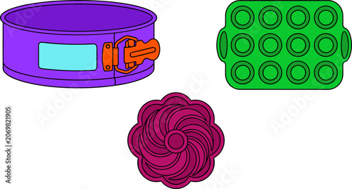 Tableau sur toile Bakeware Cake Pan Vector Element Set with Round Springform Pan Muffin Cupcake Ba