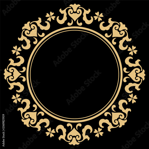 Luxury Golden Circular Frame with Vintage Baroque Ornament on Black Background