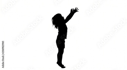 Silhouette of a child reaching upwards against white background with silhouette