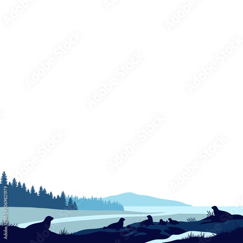 Canvas Print Seal Silhouette on Ocean Coastline Marine Landscape Illustration Isolated on Tra