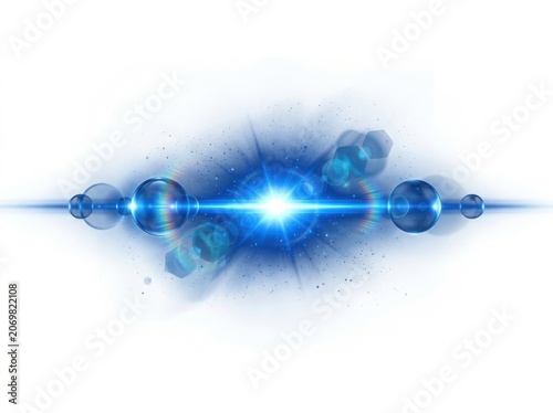 Vibrant blue light beam with glowing orbs and particles on white background