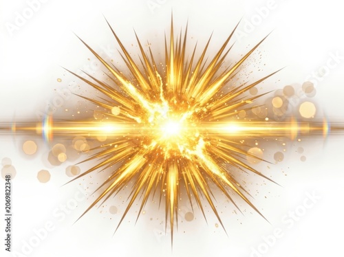 Vibrant golden explosion with radiating light and particles on white background