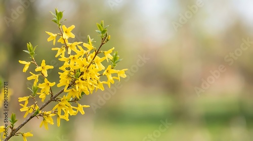 Yellow forsythia flowers blooming on a branch in spring