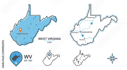 Foto West virginia state map set with major cities and highway routes
