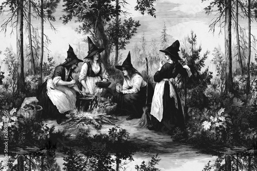 Vintage Witch Gathering in Forest Cooking Over Fire – AI Generative