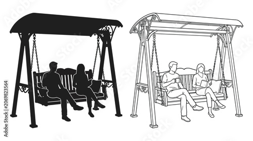 Porch Swing With People Black Silhouette And Line Art Rendering