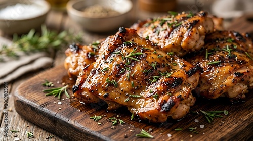 Grilled chicken thighs on wooden cutting board with herbs and spices