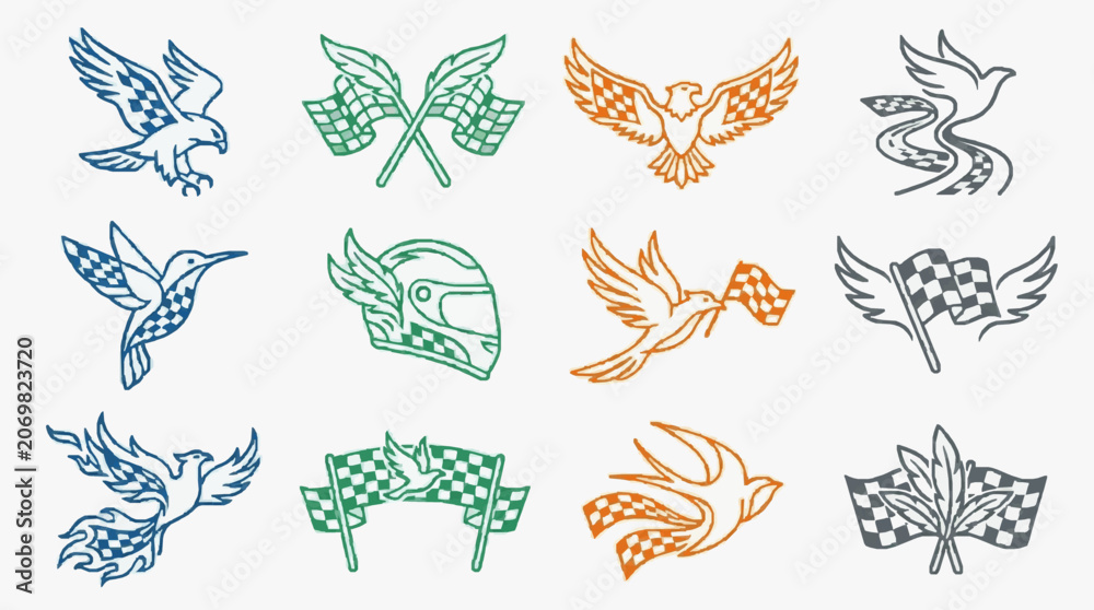 Fototapeta premium Professional Icons Set of Eagles Birds Helmets and Checkered Flags in Blue Green Orange and Gray