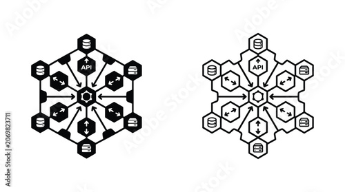 Network Diagram With Api And Database Icons Flat Black Silhouette