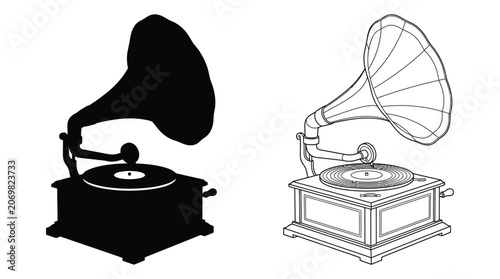 Gramophone Illustration With Black Silhouette And Line Art Versions