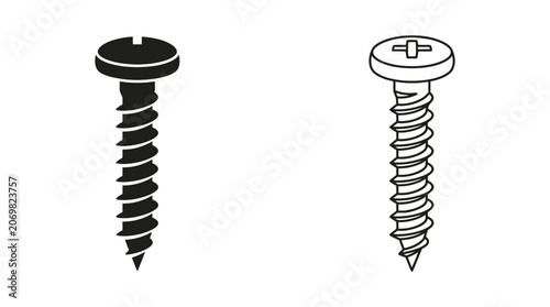 Two Screws Black Silhouette And Line Art On White Background
