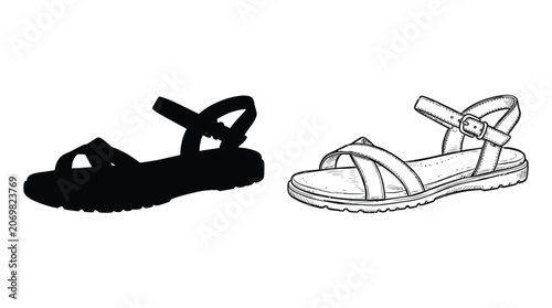 Sandals Black Silhouette And Detailed Sketch On White Background