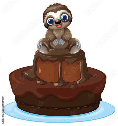 Cute Cartoon Sloth Sitting on Top of a Tiered Chocolate Cake