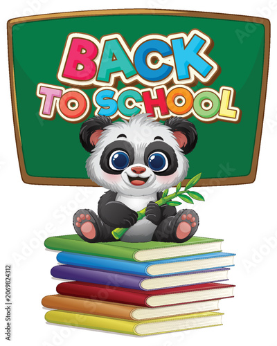 Cute Cartoon Panda Sitting on Books with Back to School Sign