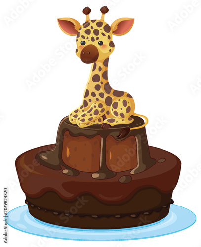 Cute Cartoon Giraffe Sitting on a Two Tier Chocolate Cake