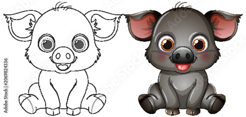 Cute Baby Wild Boar Cartoon Character in Color and Line Art