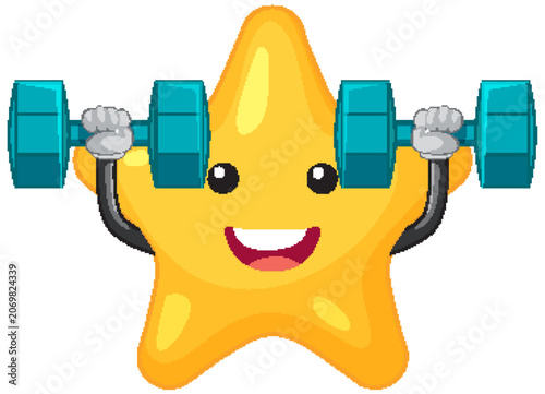 Cute Cartoon Star Character Lifting Blue Dumbbells for Fitness Exercise