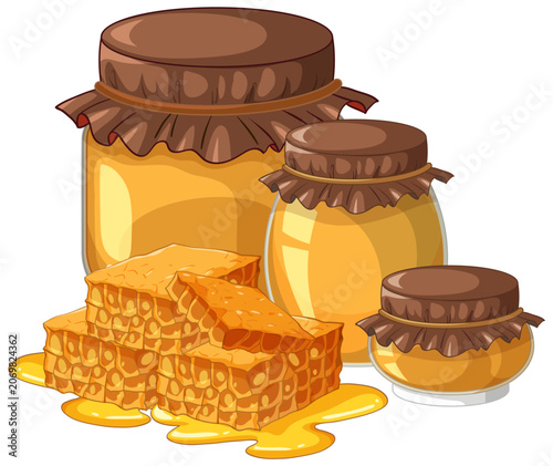 Vector Illustration of Glass Honey Jars and Fresh Honeycomb Pieces