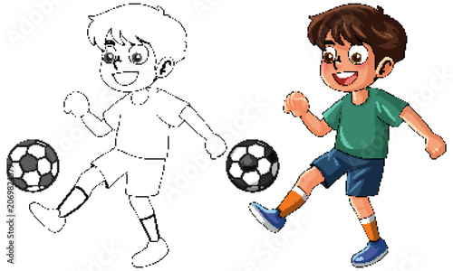 Cartoon Boy Playing Soccer with Colored and Line Art Versions