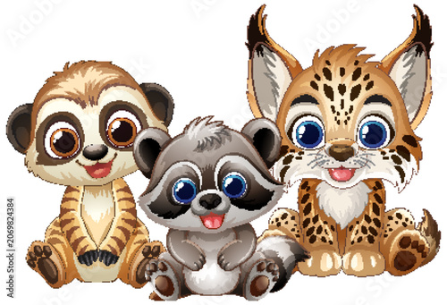 Cute Cartoon Baby Meerkat Raccoon and Lynx Sitting Together
