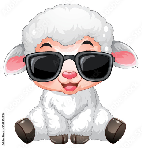 Cute Cartoon Lamb Wearing Sunglasses Vector Illustration on White Background