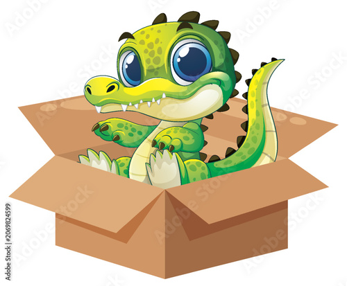 Cute Cartoon Baby Crocodile Sitting Inside an Open Cardboard Box